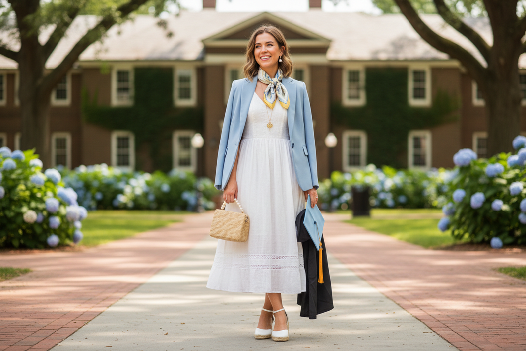 Summer graduation outfit styled for a ceremony and celebration, with a polished warm-weather look for a guest or graduate