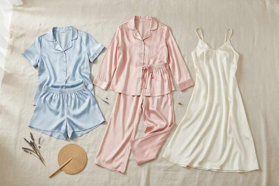 Silk sleepwear summer choice guide showing shorts set, pants set, and nightgown laid out for comparison