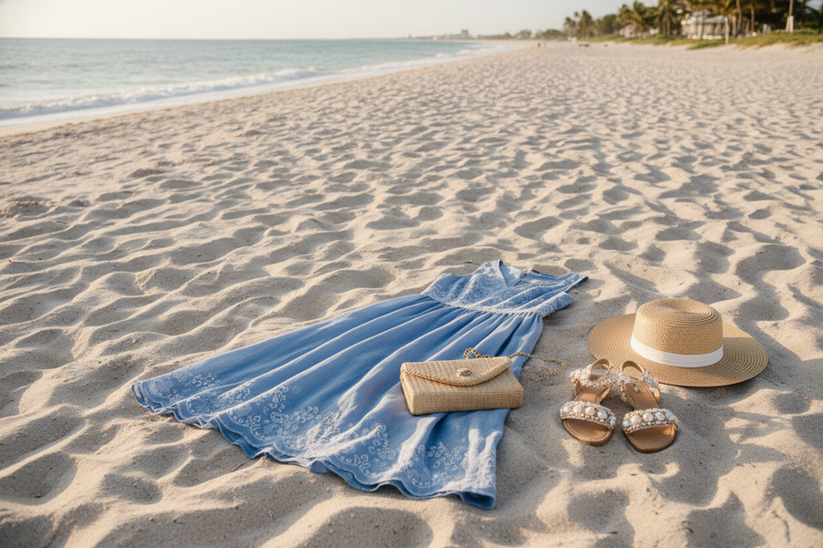 Beach wedding guest outfit on a sandy shoreline with a polished midi dress and dressy flat sandals beside a ceremony path
