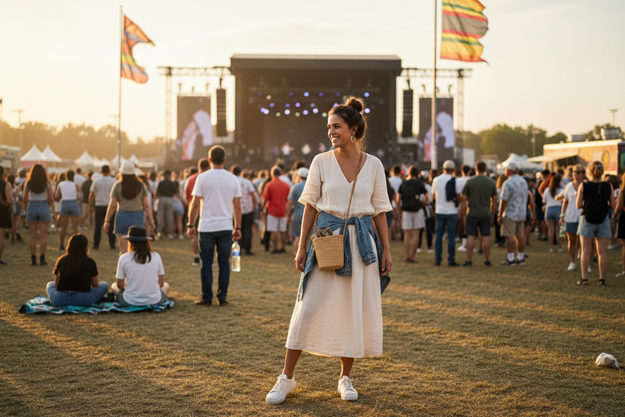 Outdoor summer concert outfit styled for heat and standing, with a loose top, wide-leg pants, comfortable shoes, and a light layer carried hands-free