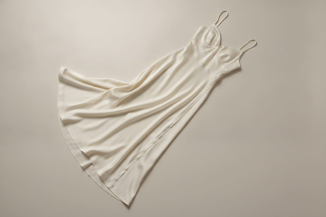 Silk dress construction checklist: close view of smooth seam joins and stress points on a draped dress