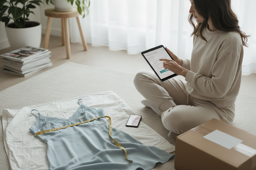 Woman checking a silk dress fit online shopping checklist with measuring tape and return box nearby