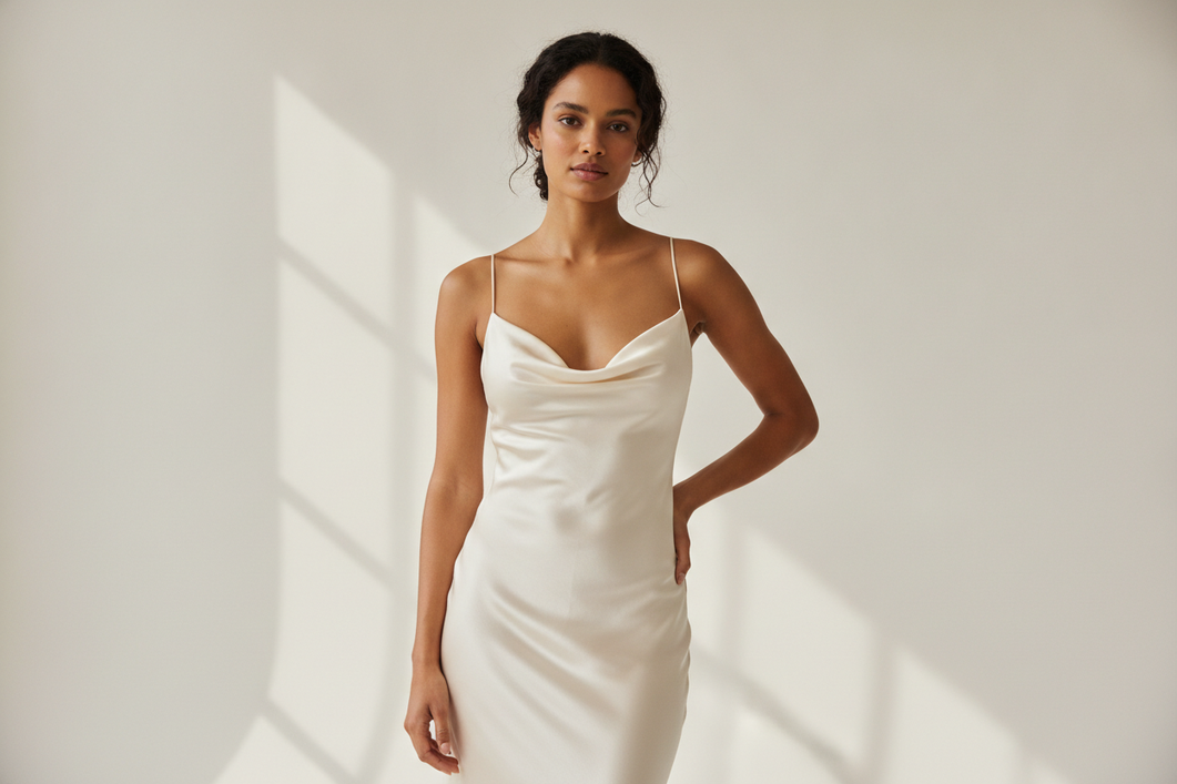 Silk slip dress with a close bust fit, adjustable straps, and a neckline that sits smoothly during movement