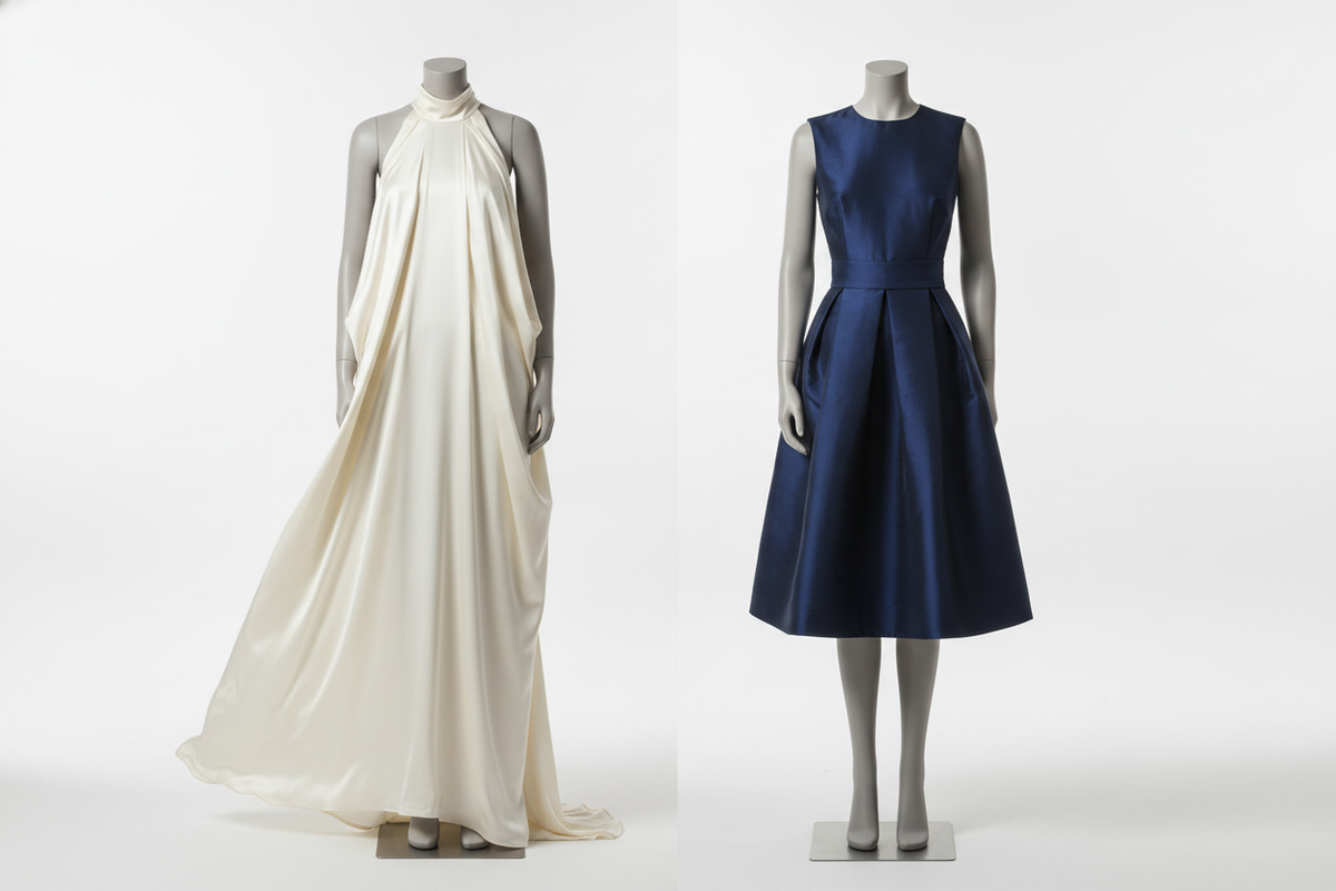Bias-cut silk dress compared with a straight-cut silk dress for fit and drape