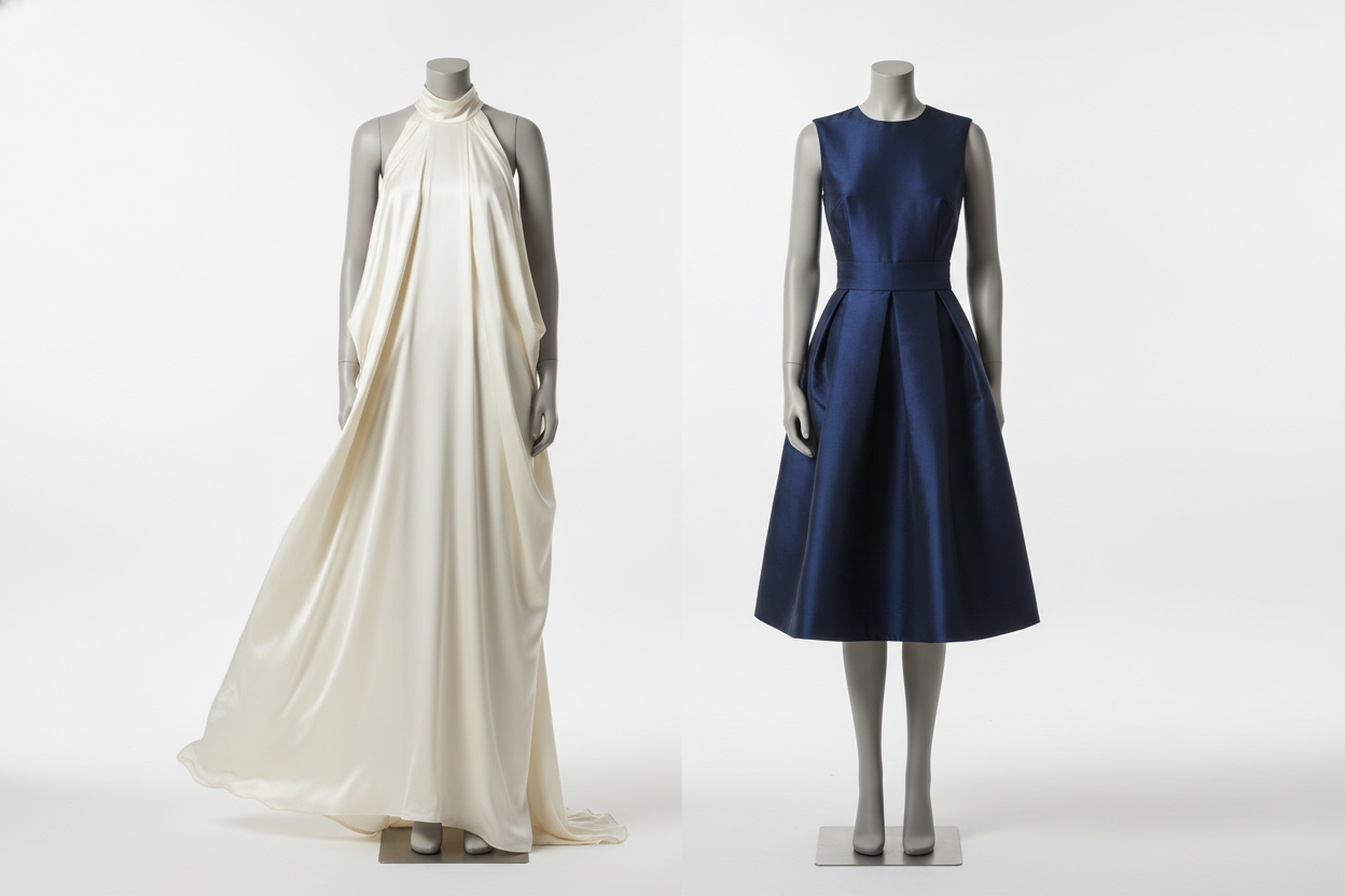 Bias-cut silk dress compared with a straight-cut silk dress for fit and drape