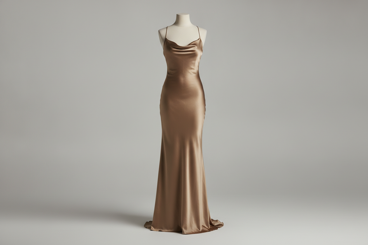 Silk dress shown in a clean editorial hero setup, focusing on how fabric weight changes the overall silhouette and drape