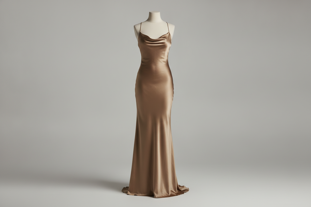 Silk dress shown in a clean editorial hero setup, focusing on how fabric weight changes the overall silhouette and drape