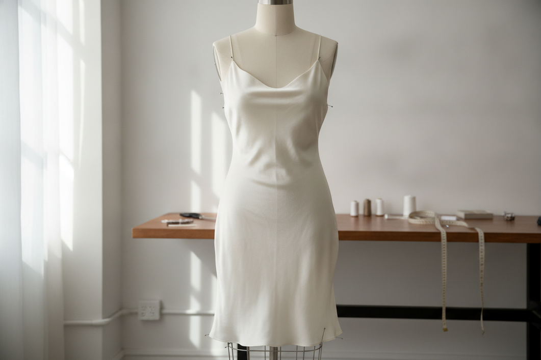 Silk dress on a mannequin being pinned for a hem and strap alteration check