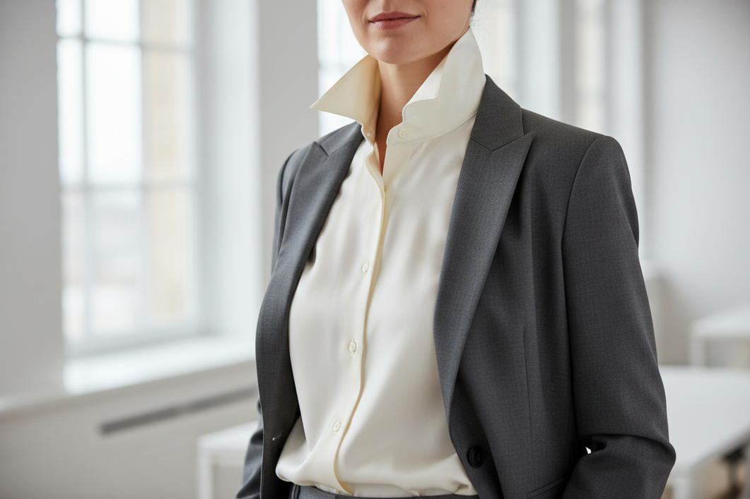 Silk shirt styled for work with a structured closed collar under a blazer