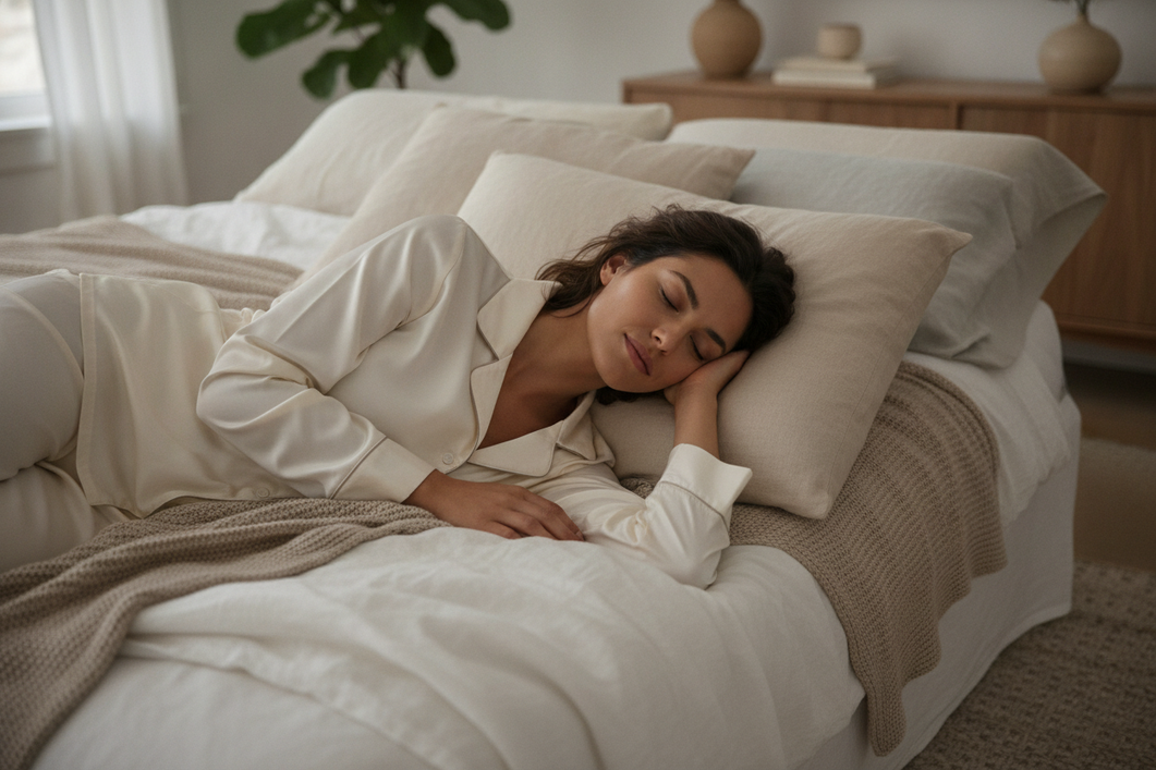 Side sleeper comparing silk pajama top neckline and collar options on a bed