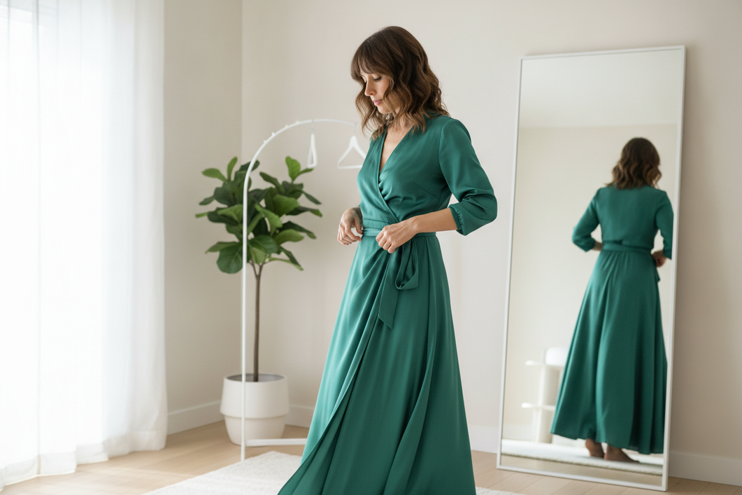 Woman in a silk wrap dress adjusting the waist tie during a fit check