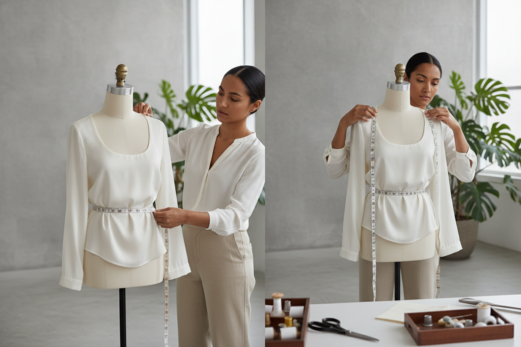 Silk blouse fit guide with a person measuring shoulder width, bust, neckline depth, and arm opening for upper-body sizing.