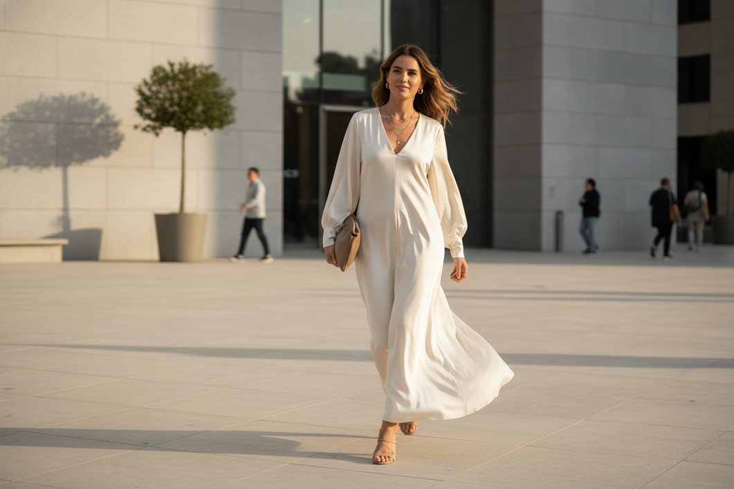Silk dress styled for everyday movement, shown as a polished fashion hero image