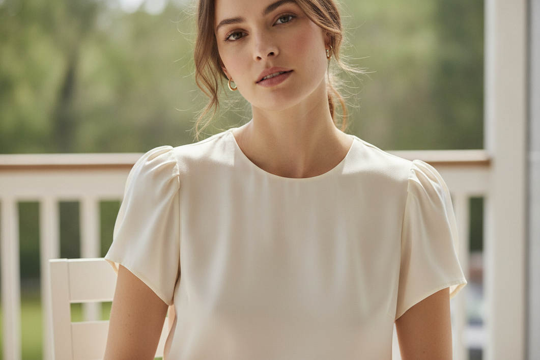 Model wearing a silk summer top with cap sleeves outdoors in bright daylight