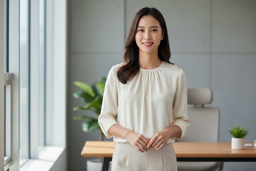 Women’s silk blouse styled for office wear with a polished sleeve length for everyday work outfits
