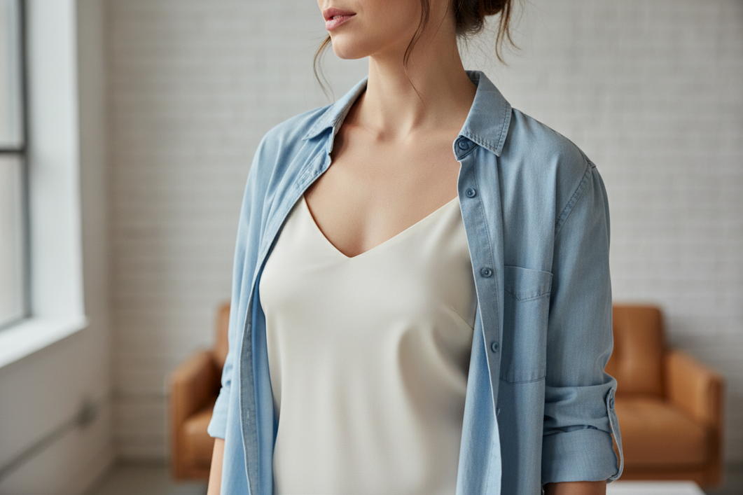 Woman layering a silk camisole under a button-up shirt, showing a smooth neckline and flat straps inside the shirt opening.