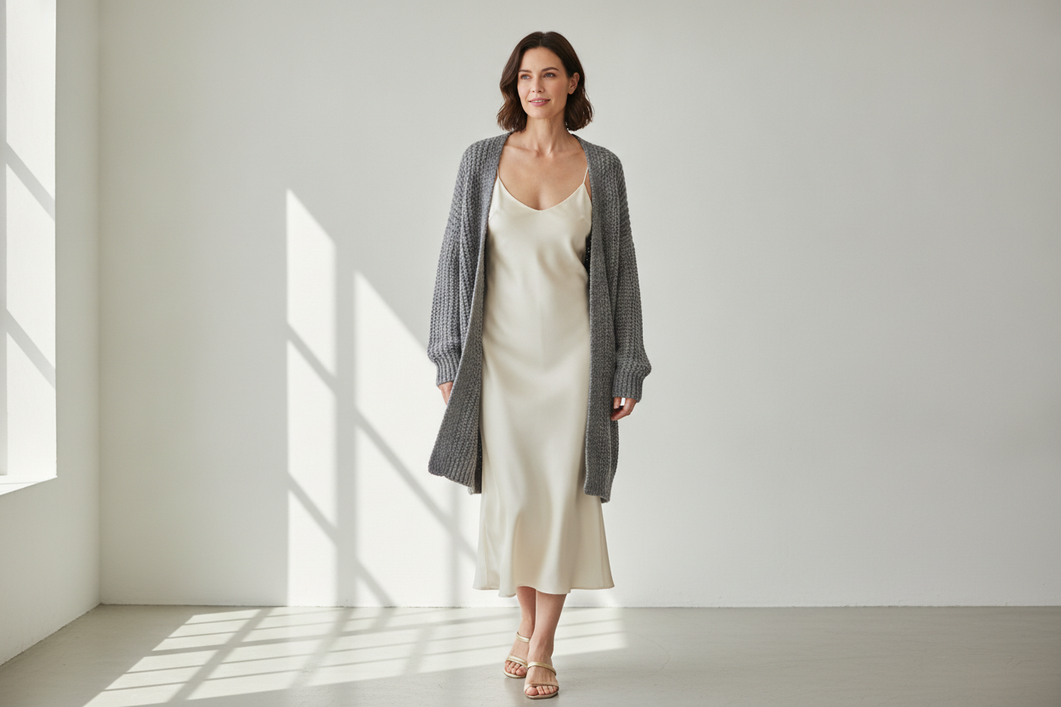 Silk slip dress layered with an open cardigan that frames the neckline without covering the straps