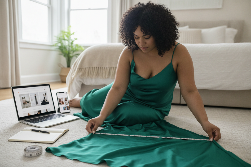 Plus-size shopper checking silk dress measurements and fit details on a laptop with a measuring tape and dress laid flat