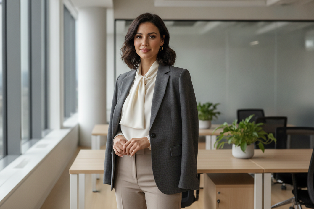 Silk blouse neckline styled under a blazer for office wear
