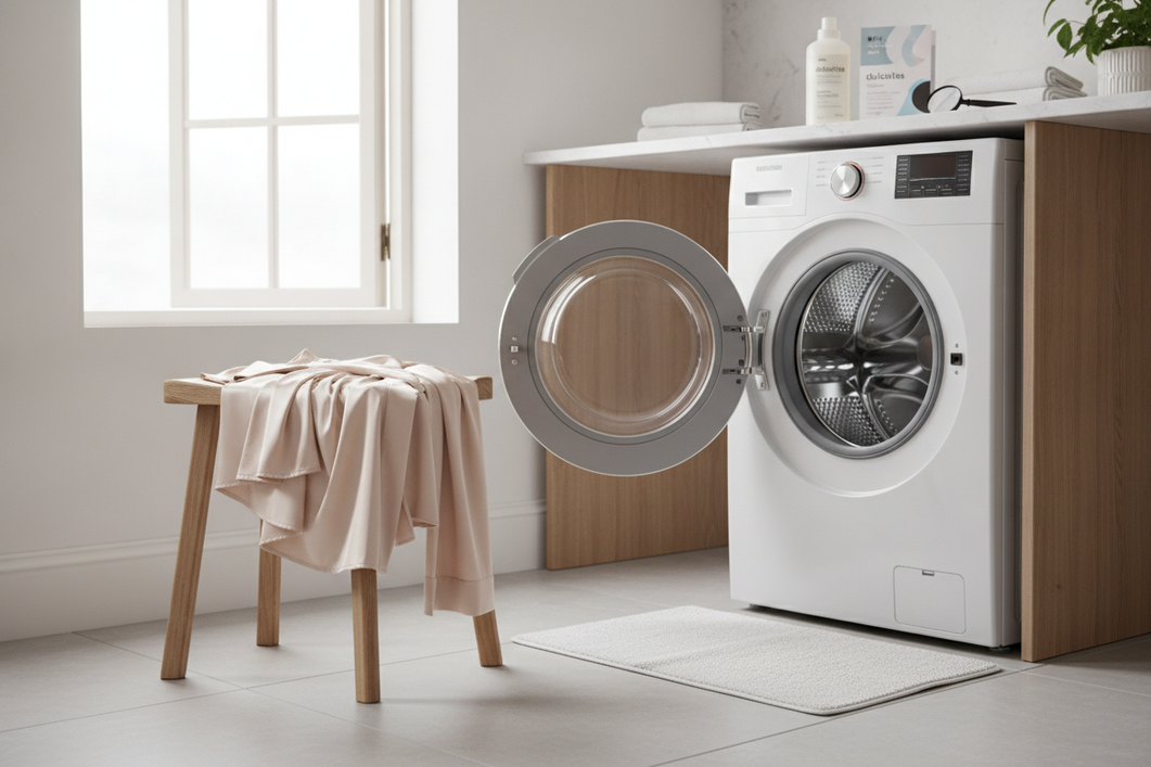 Silk sleepwear arranged beside a washing machine in a clean laundry room, illustrating the decision to check the care label and washer condition before washing