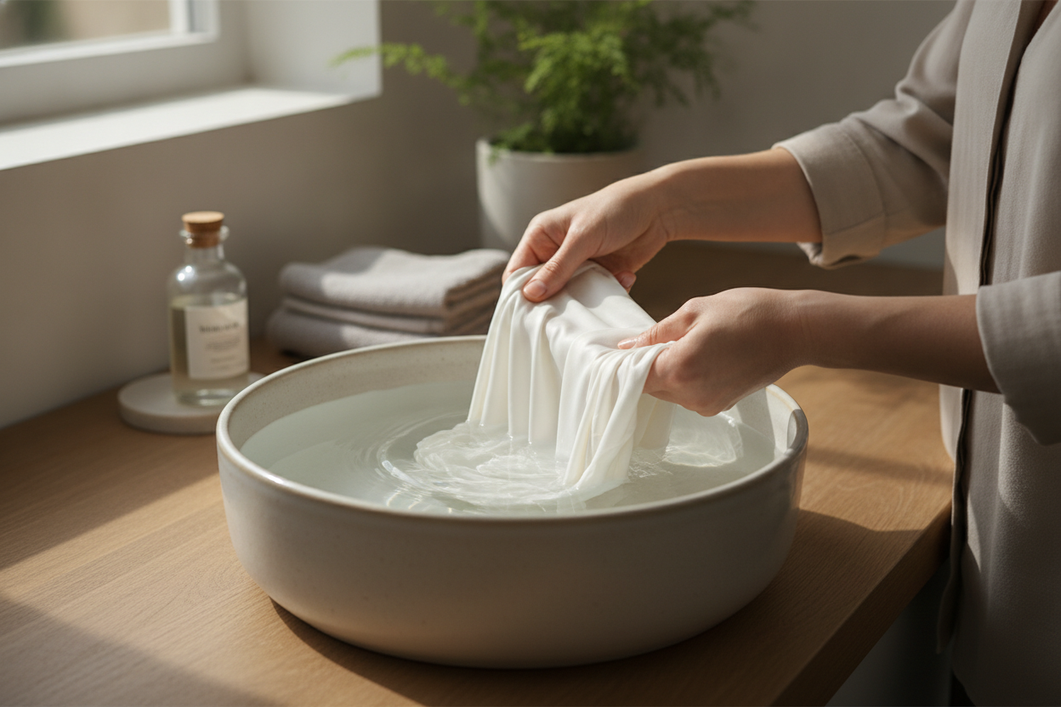 Silk fabric being gently hand washed in a bowl with soft water flow, showing delicate laundry care at home