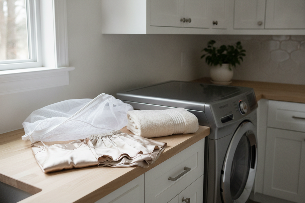 Silk pajamas in a laundry setup beside a washing machine and mesh wash bag