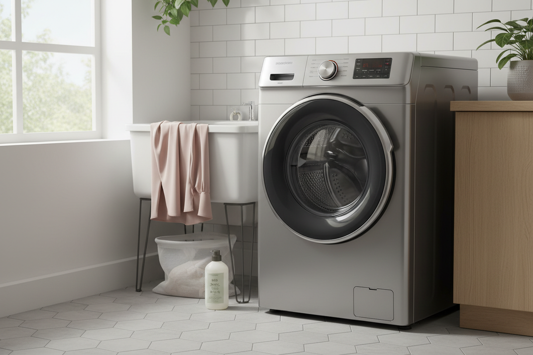 Silk pajamas in a laundry scene next to a gentle detergent bottle and a top-loader washer