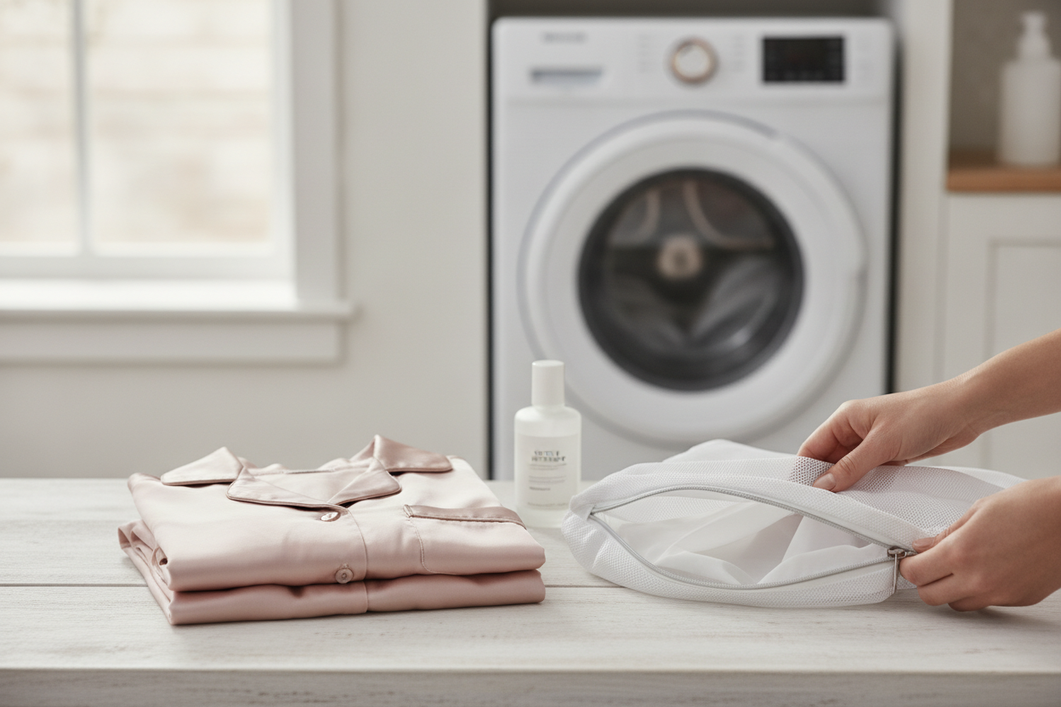 Silk pajama and delicate garment care setup on a clean laundry surface with a mesh wash bag and washer in the background
