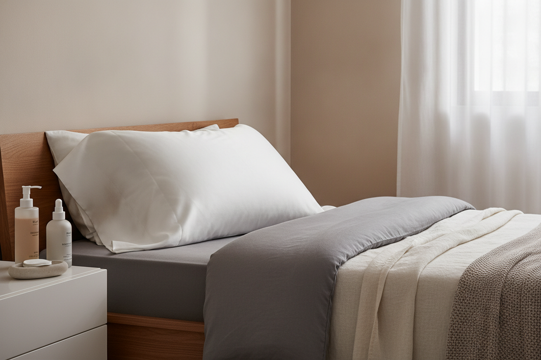 Silk pillowcase on a bed with skincare products nearby, showing a clean elegant sleep setup