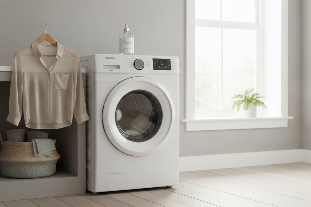 Silk blouse beside a high-efficiency washing machine, shown as a clean editorial hero for gentle machine washing care.