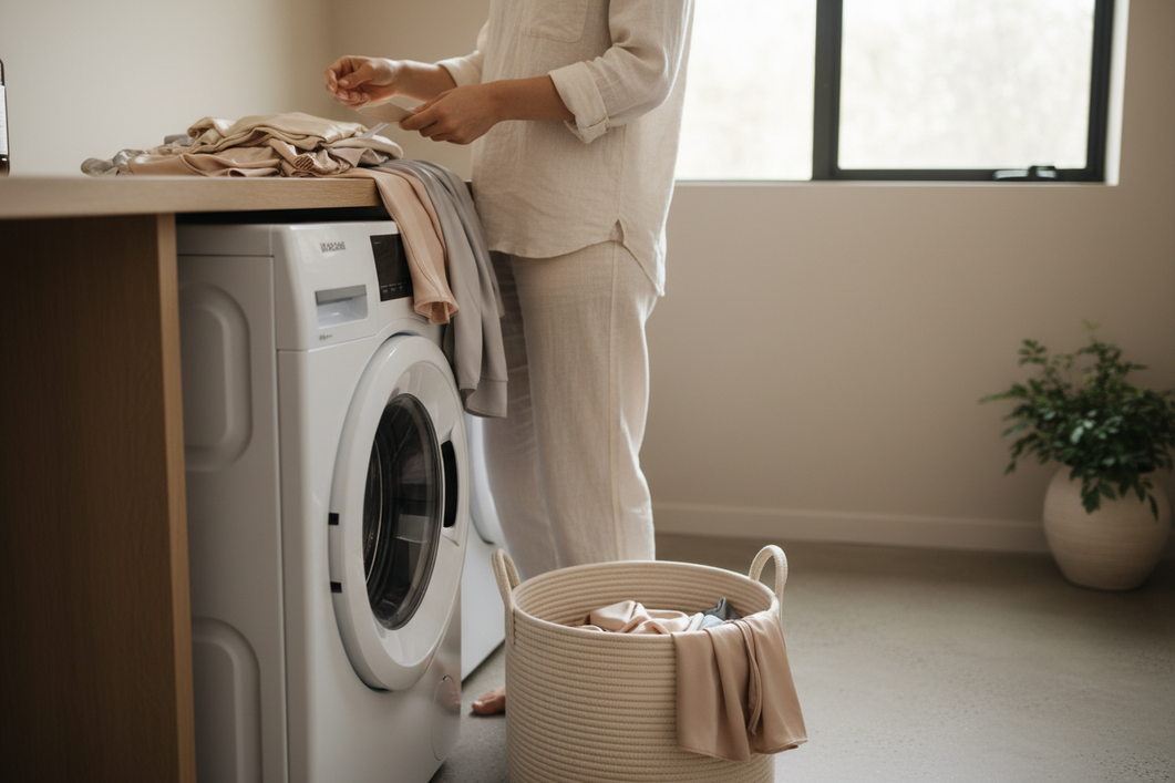 Open silk pajamas and a washing machine laundry setup for a gentle wash decision