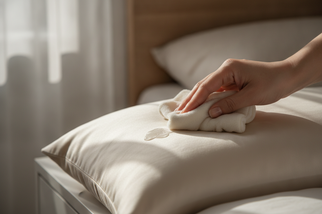 Silk pillowcase with a fresh skincare residue mark being gently blotted with a soft cloth on a bedside surface