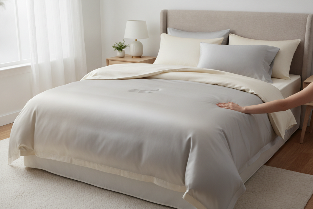 Silk bedding on a neatly made bed with visible sheet movement and a relaxed sleep setup