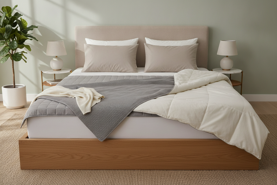 Shared bed setup with separate top layers for two sleepers