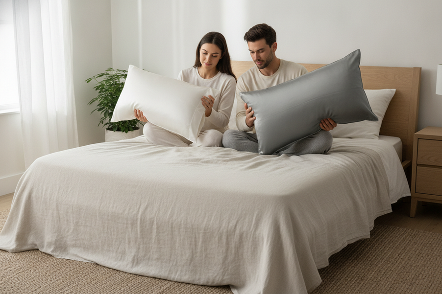 Couple comparing two pillows with different sizes beside silk pillowcases on a bed