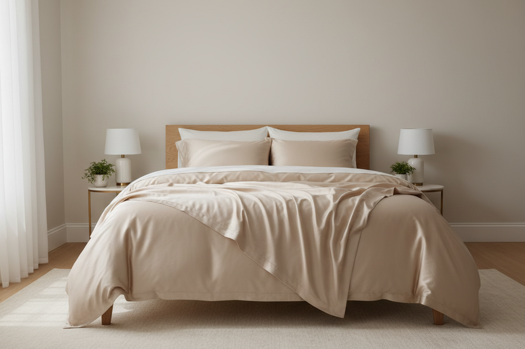 Silk bedding set arranged on a neatly made bed in a bright bedroom, showing a luxurious but simple home setup