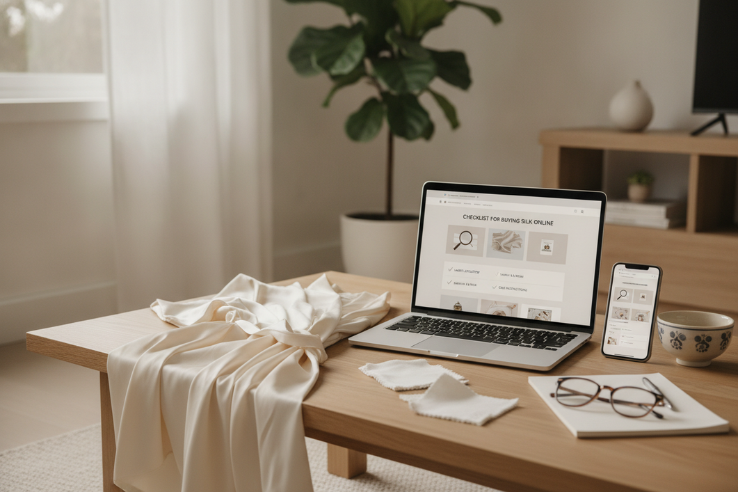 Silk listing checklist items shown beside a silk garment, with product details and shopping notes arranged on a desk