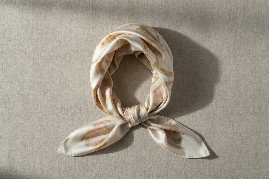 Silk head scarf laid out for hair wrapping size comparison on a neutral surface