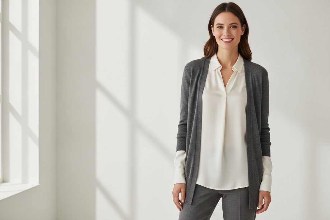 Silk blouse layered under a cardigan with a smooth neckline and flat front, styled to avoid bunching