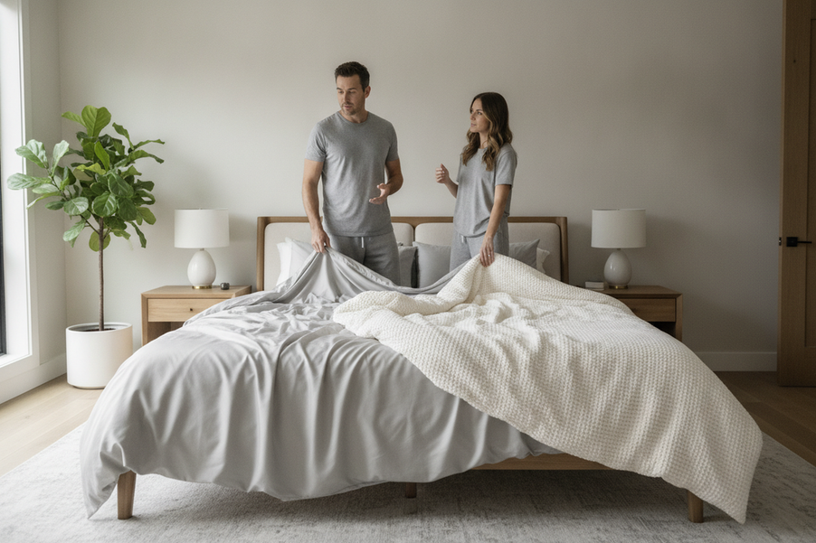 Couple comparing silk bedding layers on an unmade bed, with sheets and a duvet cover shown as separate upgrade options