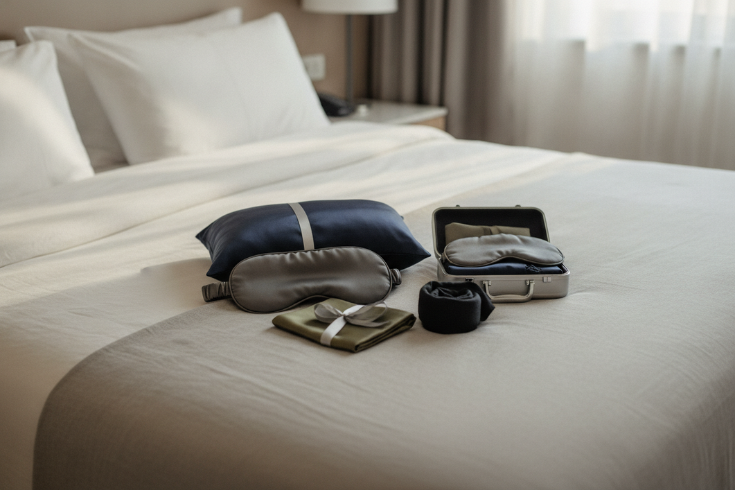 Silk gift for him laid out as a travel and sleep accessory set on a bed