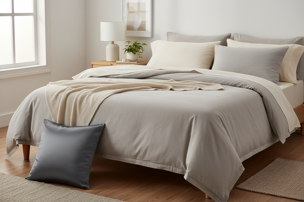Bed with a silk pillowcase on one pillow and cotton bedding on the rest of the bed