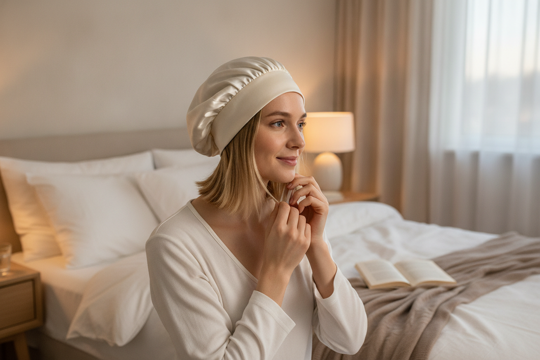 Silk sleep cap fit check for short or fine hair