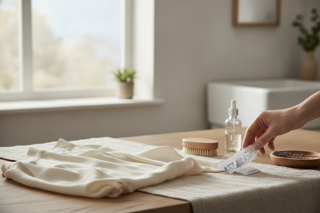 Silk garment care label symbols shown beside a delicate silk piece and laundry tools for reading washing and drying instructions
