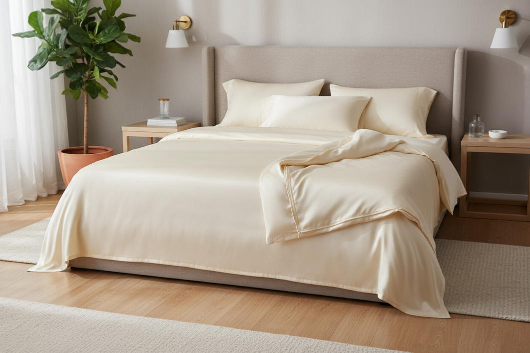 Silk bedding care setup with pillowcase, sheet, and duvet cover arranged for a shared household laundry routine