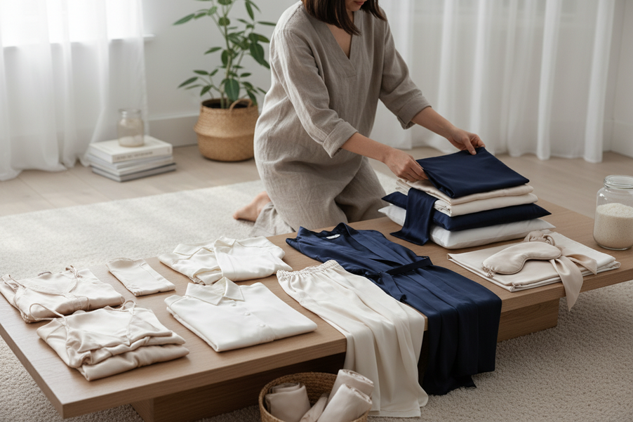 Person sorting silk items by garment type before choosing a care method