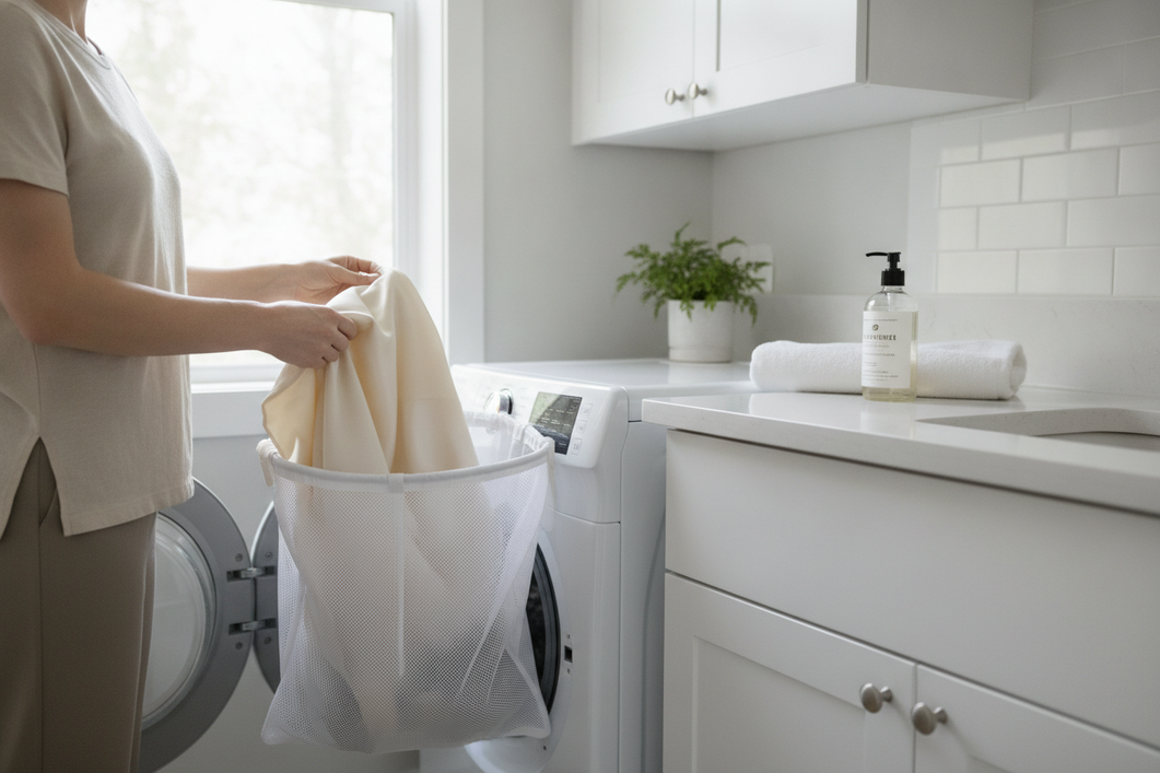 A silk pillowcase being placed into a mesh laundry bag beside a top-loading washing machine