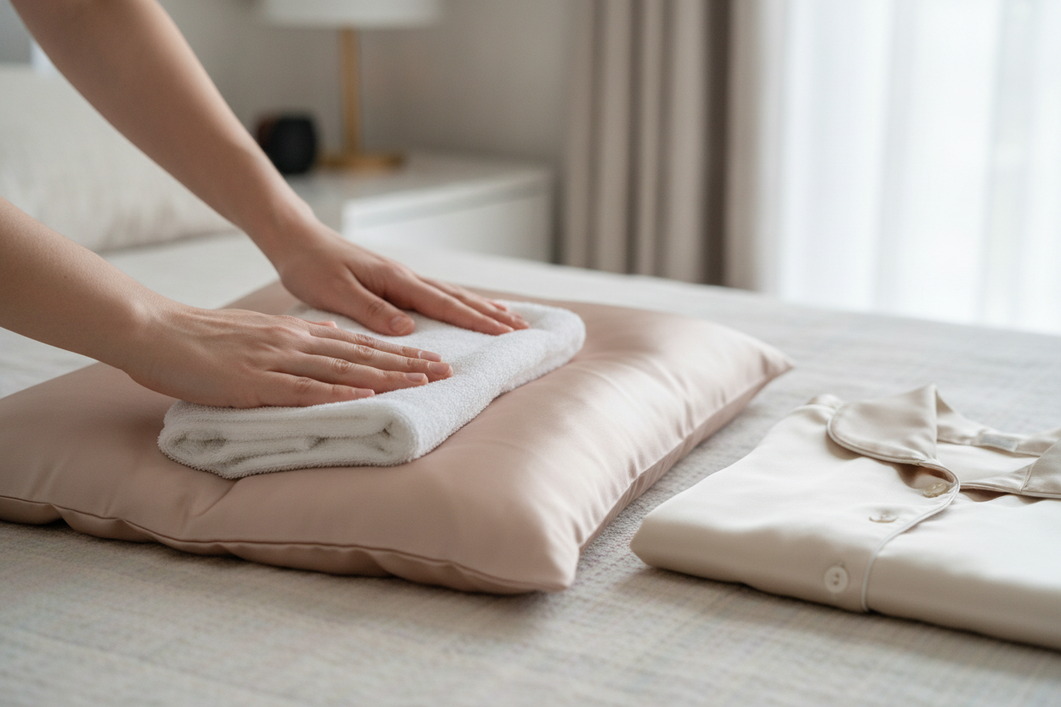 Silk pillowcase and silk pajamas with skincare residue being gently blotted before washing