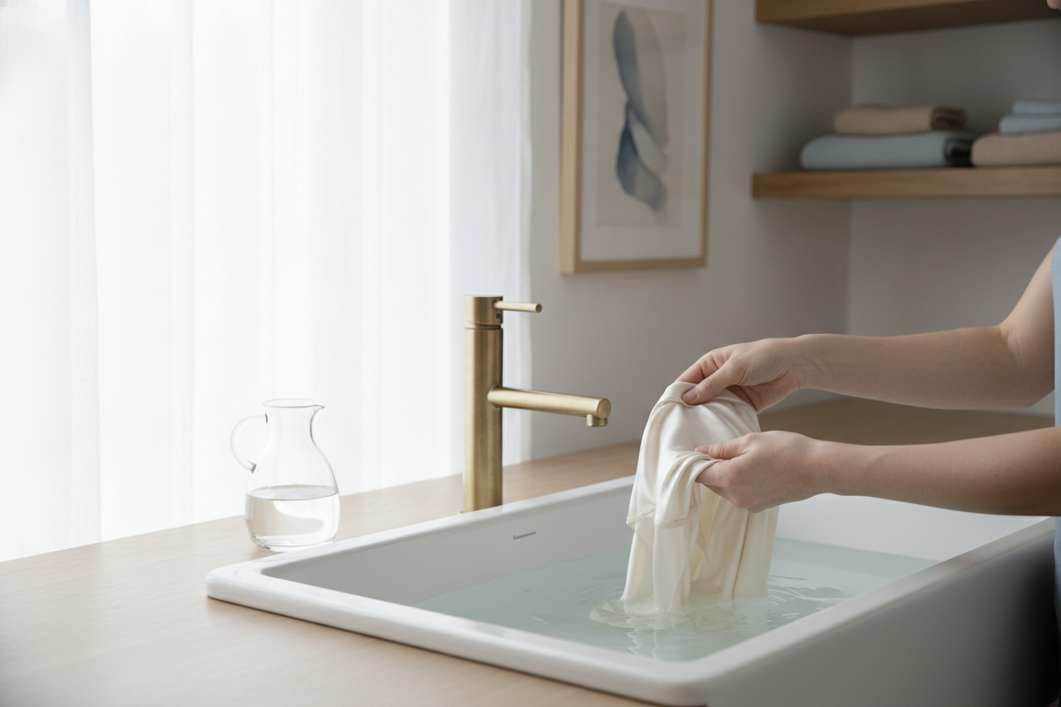 Silk garment being gently hand washed in a clean basin with clear water and mild care setup