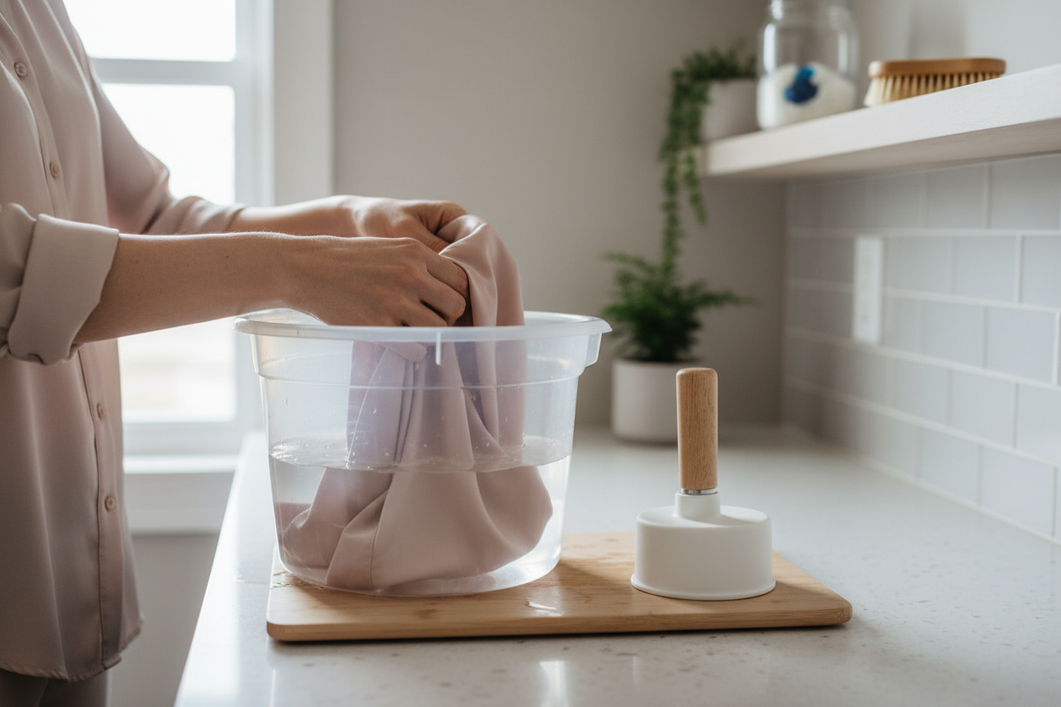 Woman hand washing silk in a bucket with gentle pressing, no plunger, on a clean countertop